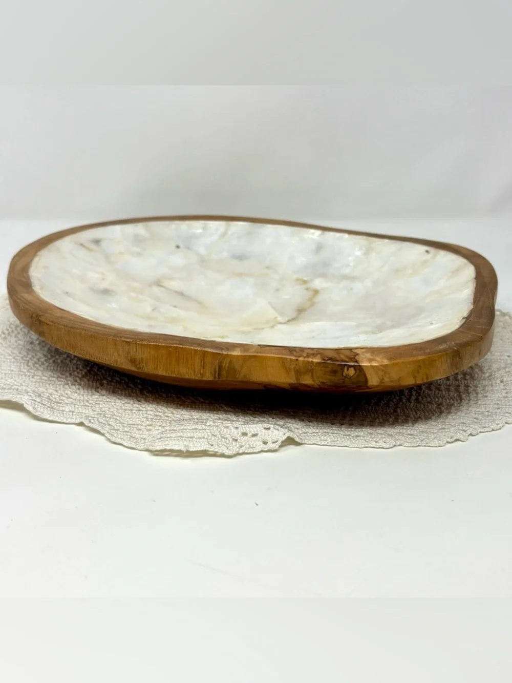 Pier 1 Mother Of Pearl Teak Wood Trinket Dish Decorative Bowl Beachy Bohemian